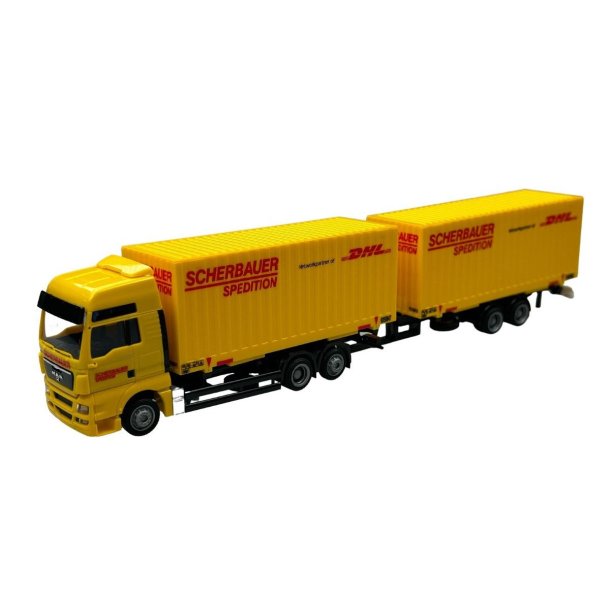 AWM 1:87/H0 Nr. AWM 76195 SCHERBAUER SPEDITION "DHL", M.A.N. TGA XXL TANDEM VEKSEL-CARGO-BOKSE *