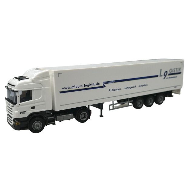 AWM 1:87/H0 Nr. AWM 76237 PFLAUM LOGISTIK, SCANIA R HIGHLINE EURO TRAILER MED FAST OVERBYGNING *